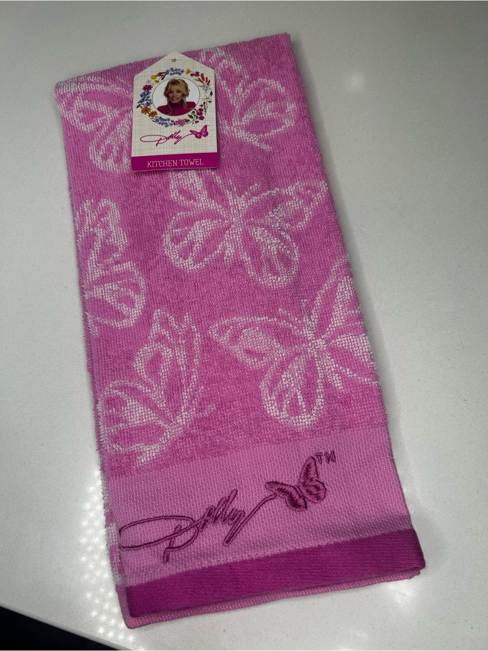 NWT Dolly Parton embroidered Pink Butterfly Kitchen Towel